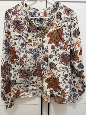 Elan Cream Lace-Up Floral Blouse with Rust & Navy Accents